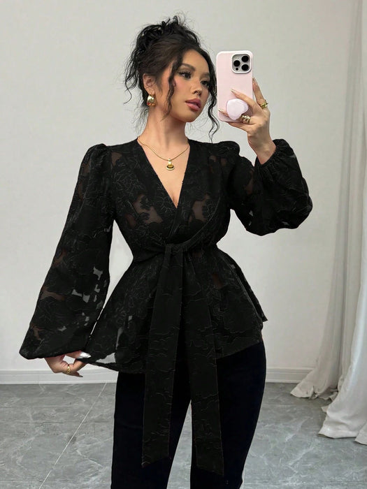 Fashionable Sexy Semi-transparent Long-sleeved V-neck Women's Shirt