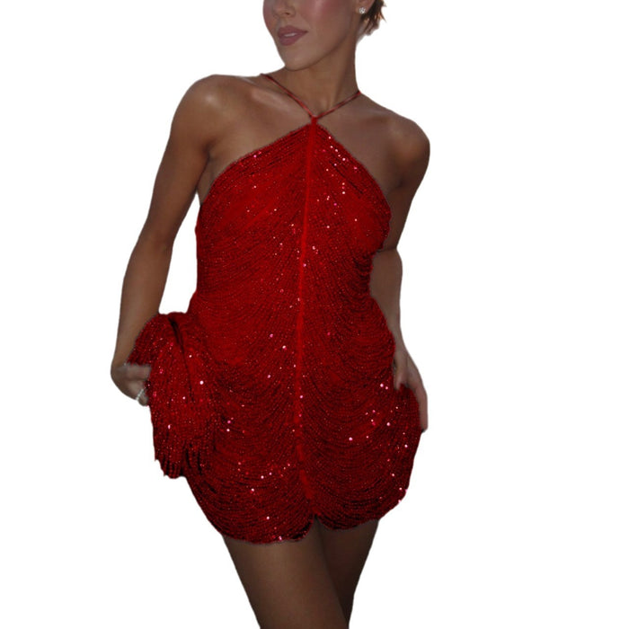 Sequin Tassel Halter Party Dress For Women